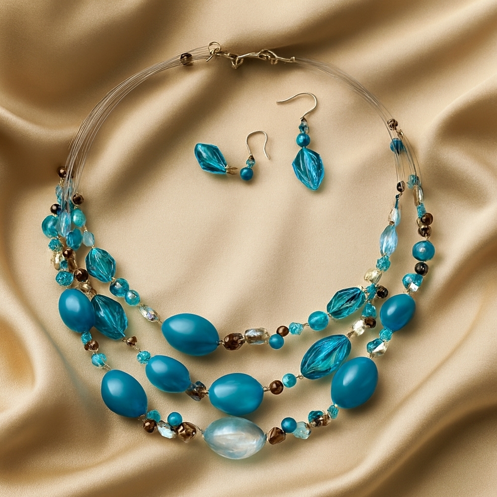 Multicolor Beaded Silver Illusion Necklace Set w/ Matching Earrings – Jewelry